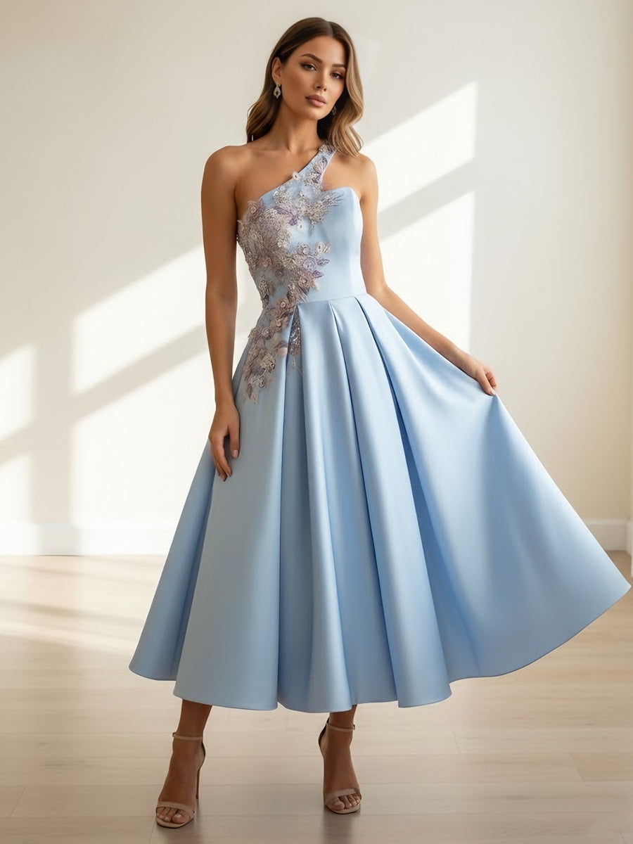 A-Line One-Shoulder Satin Cocktail Dresses Sleeveless Formal Dress