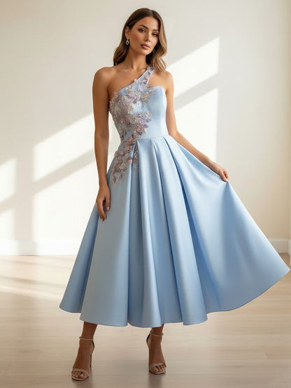 A-Line One-Shoulder Satin Cocktail Dresses Sleeveless Formal Dress