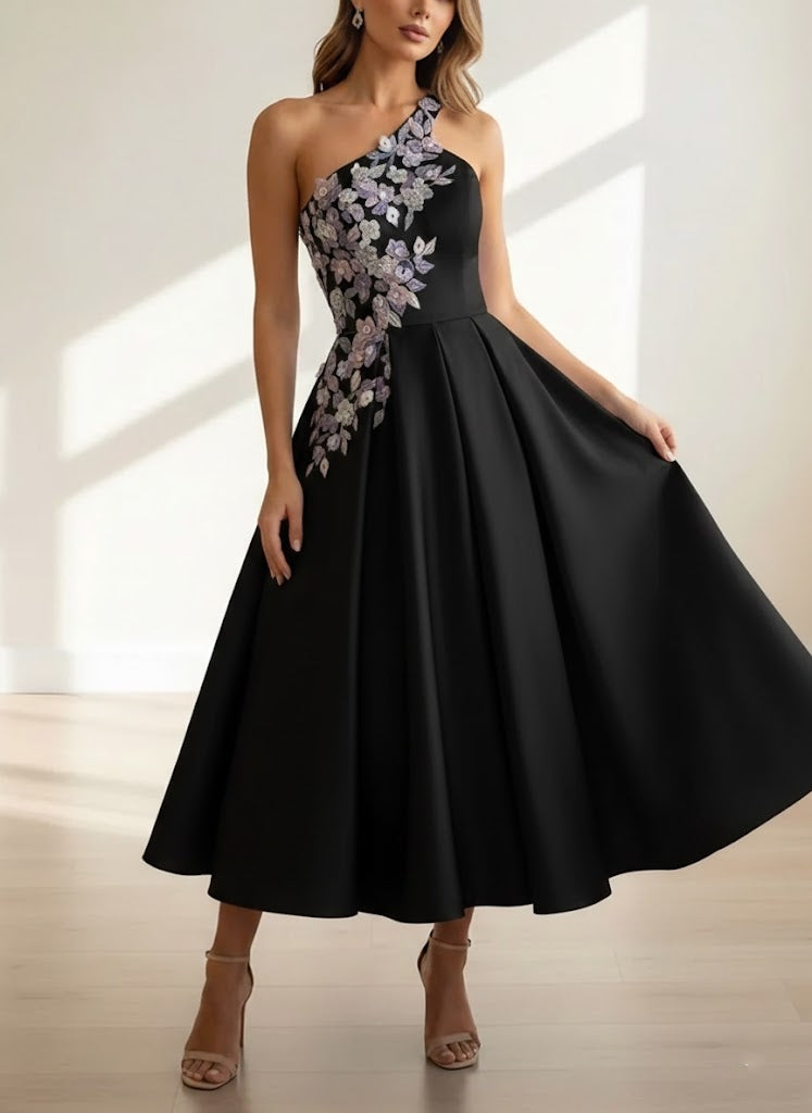 A-Line One-Shoulder Satin Cocktail Dresses Sleeveless Formal Dress