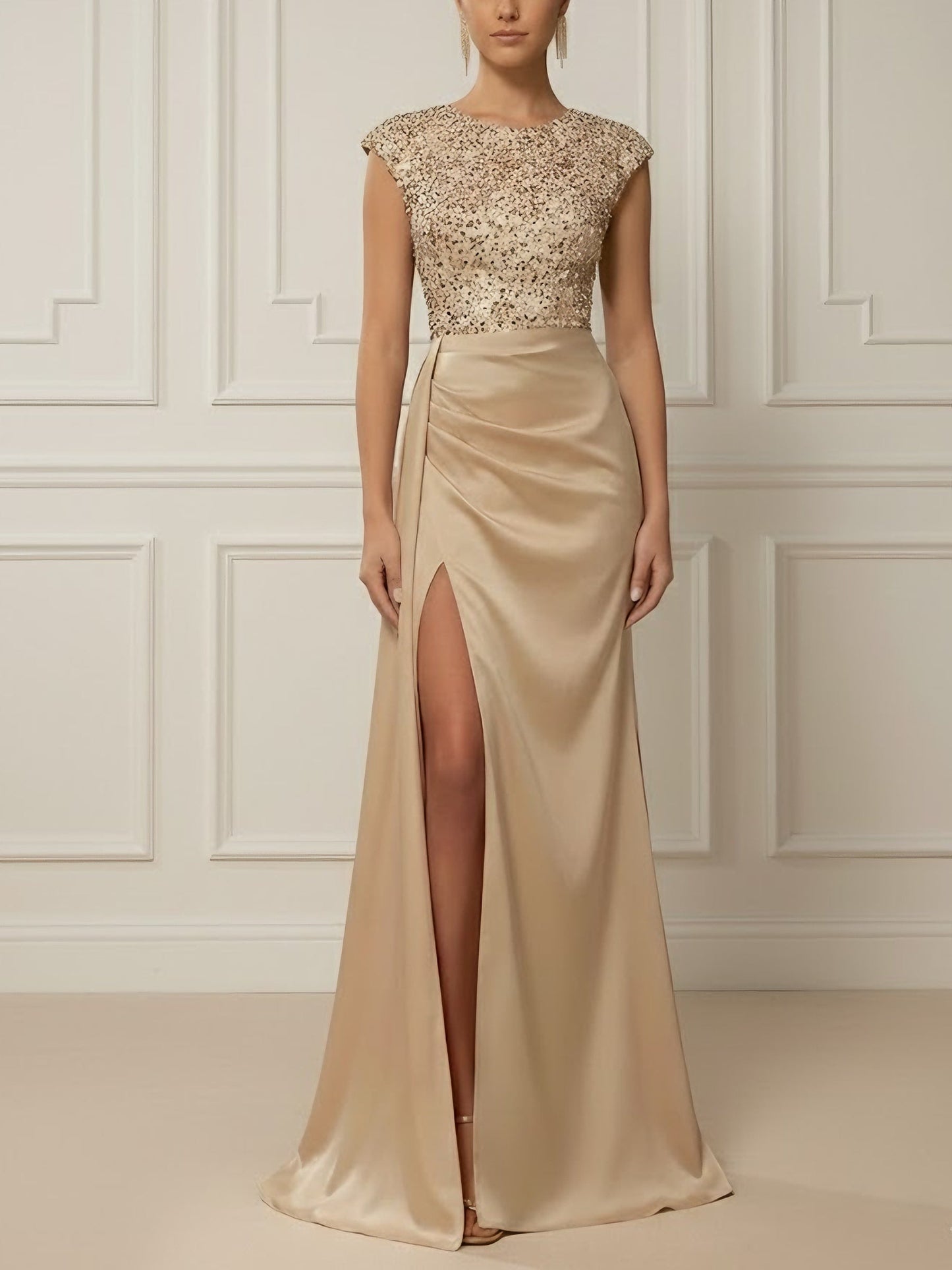 Scoop Satin Evening Dresses with Split Side Sleeveless Sequins Floor-Length Party Dress