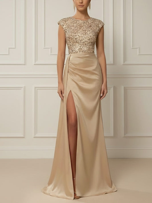 Scoop Satin Evening Dresses with Split Side Sleeveless Sequins Floor-Length Party Dress