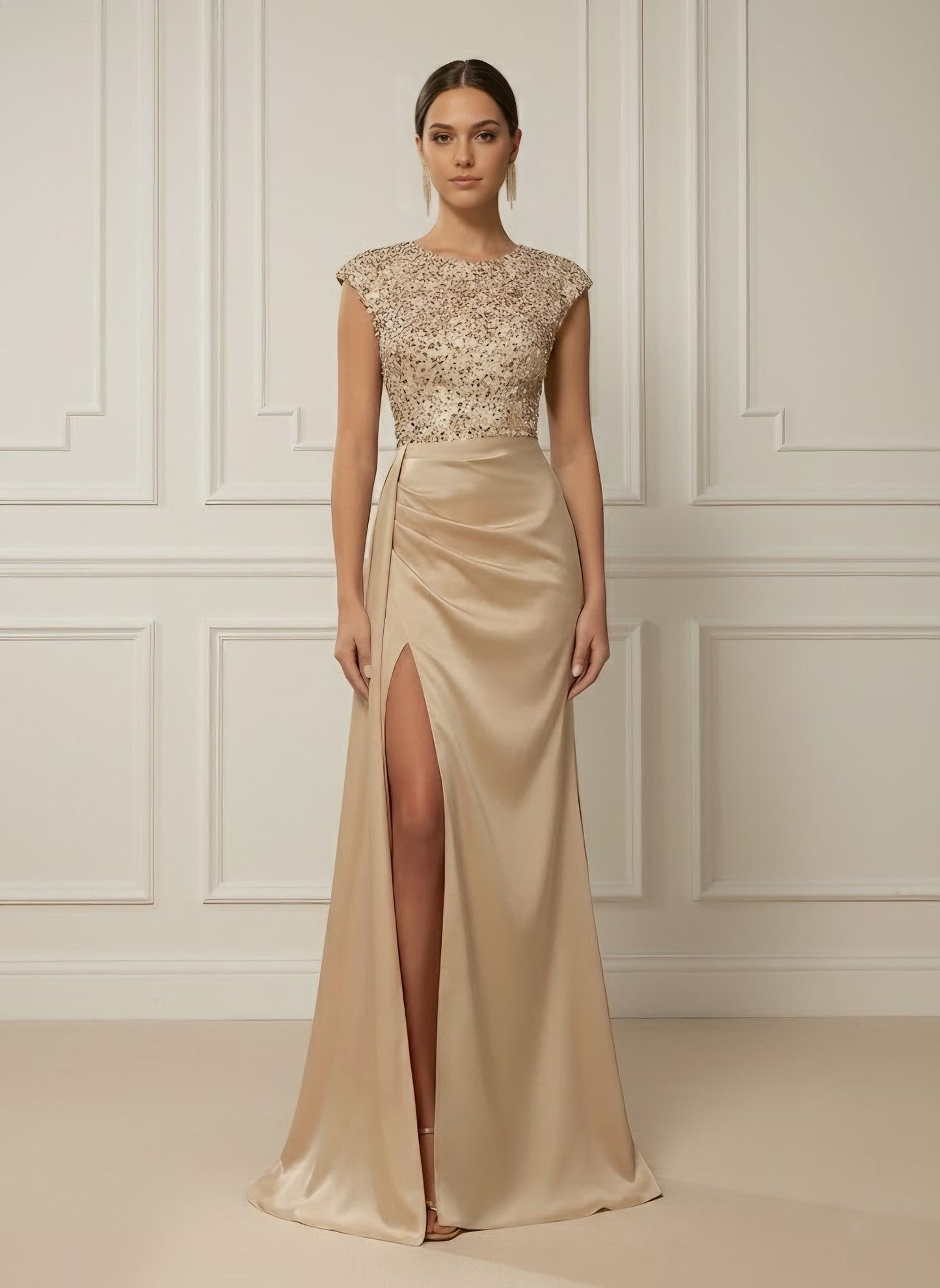 Scoop Satin Evening Dresses with Split Side Sleeveless Sequins Floor-Length Party Dress
