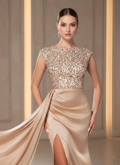 Scoop Satin Evening Dresses with Split Side Sleeveless Sequins Floor-Length Party Dress