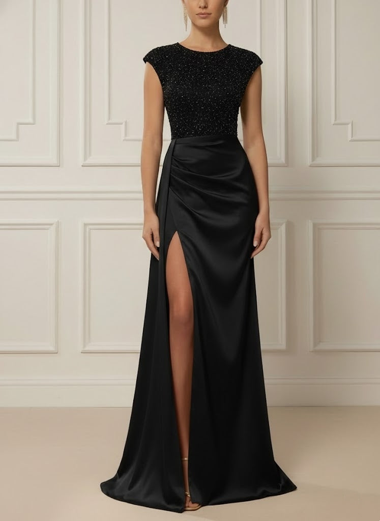 Scoop Satin Evening Dresses with Split Side Sleeveless Sequins Floor-Length Party Dress