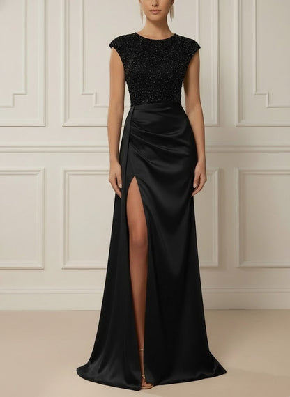 Scoop Satin Evening Dresses with Split Side Sleeveless Sequins Floor-Length Party Dress