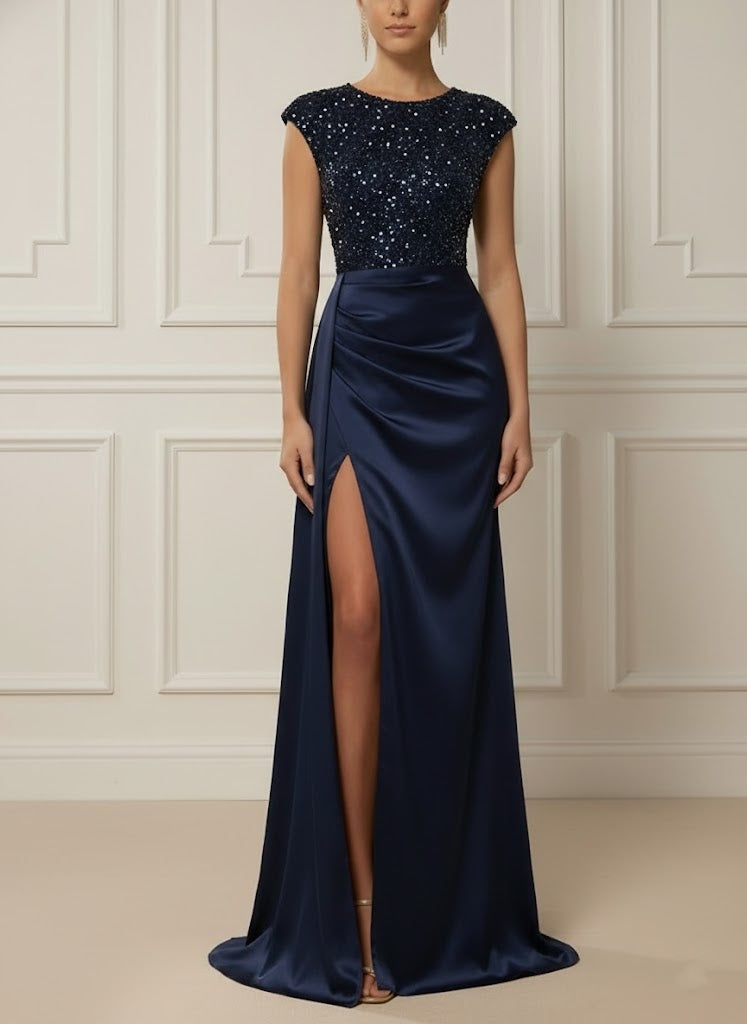 Scoop Satin Evening Dresses with Split Side Sleeveless Sequins Floor-Length Party Dress