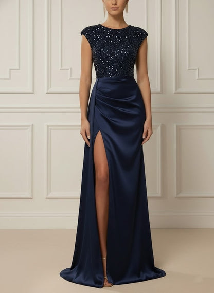 Scoop Satin Evening Dresses with Split Side Sleeveless Sequins Floor-Length Party Dress