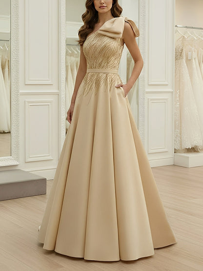 A-Line One-Shoulder Satin Evening Dresses with Bowknot