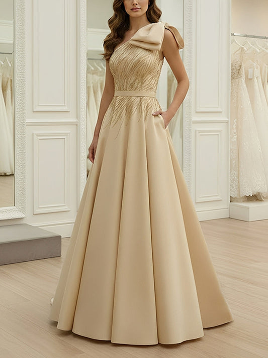 A-Line One-Shoulder Satin Evening Dresses with Bowknot