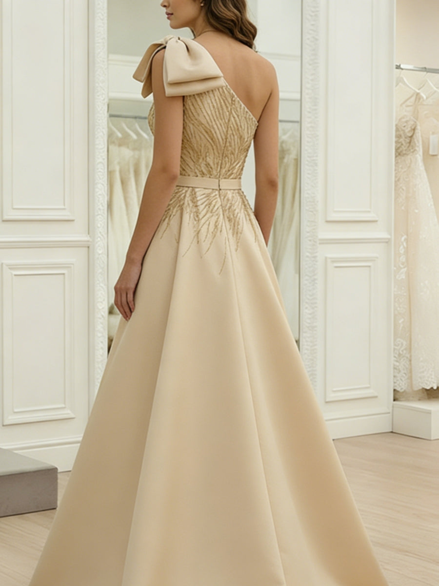 A-Line One-Shoulder Satin Evening Dresses with Bowknot