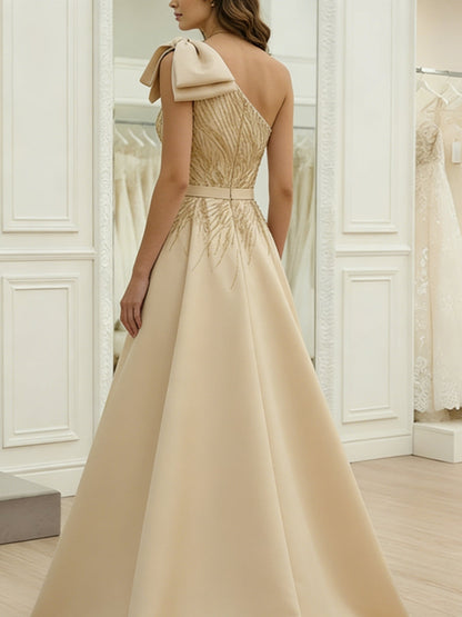 A-Line One-Shoulder Satin Evening Dresses with Bowknot
