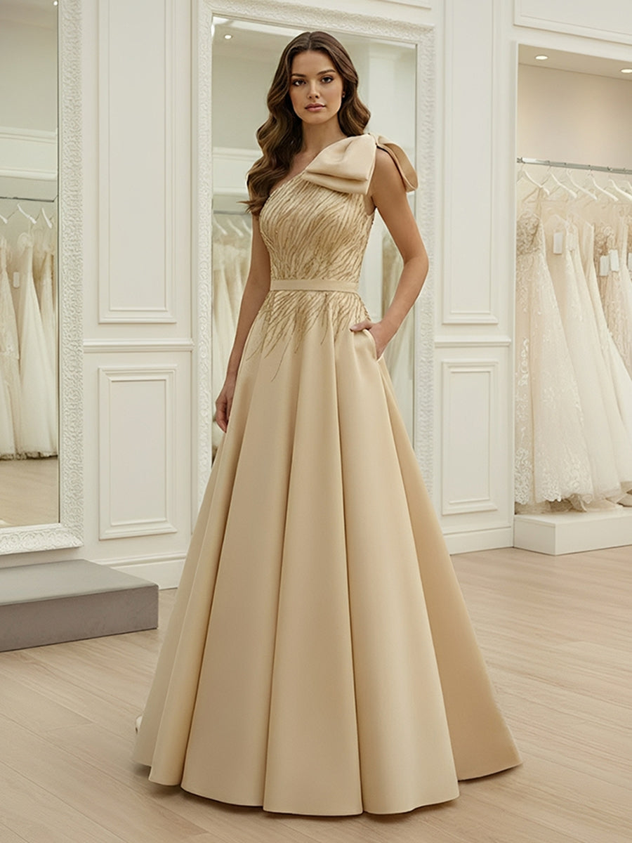 A-Line One-Shoulder Satin Evening Dresses with Bowknot