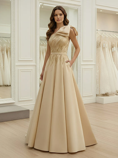 A-Line One-Shoulder Satin Evening Dresses with Bowknot