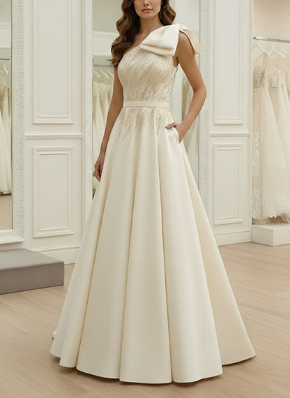 A-Line One-Shoulder Satin Evening Dresses with Bowknot
