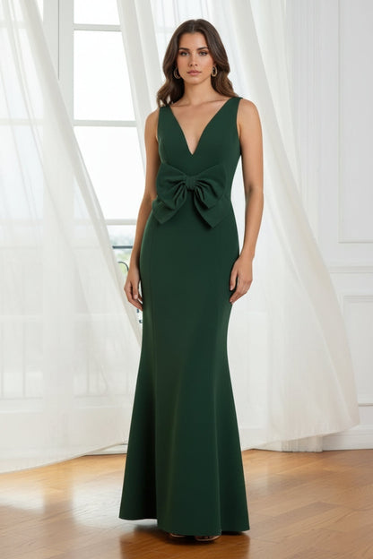 V-Neck Stretch Satin Floor-Length Bowknot Party Dresses