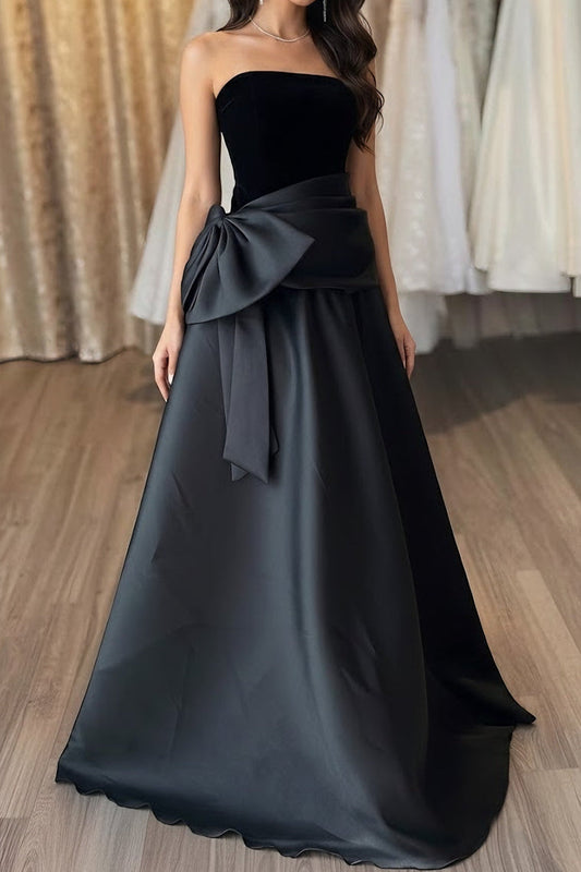 Off-Shoulder Sleeveless Satin Pleated Floor-length A-Line Evening Dress with Bow