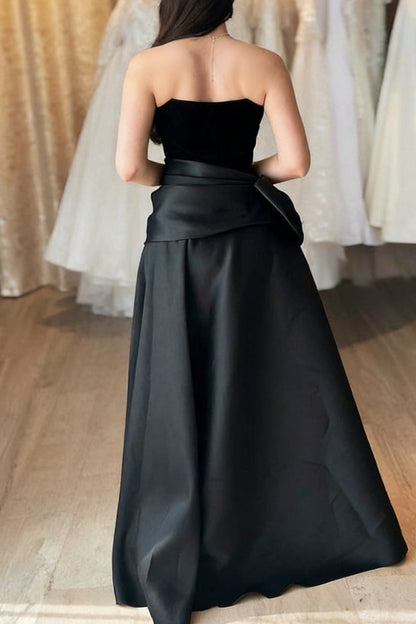 Off-Shoulder Sleeveless Satin Pleated Floor-length A-Line Evening Dress with Bow