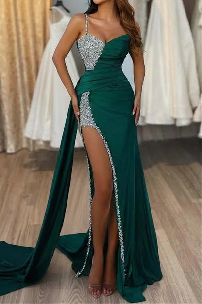 Spaghetti Straps Sequined Beaded Satin High Slit Mermaid Formal Prom Dress