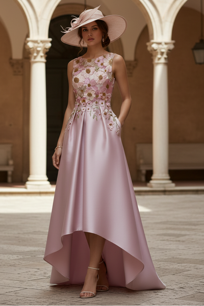 Asymmetrical Floor-Length Sleeveless Floral Lace Embroidery Dress