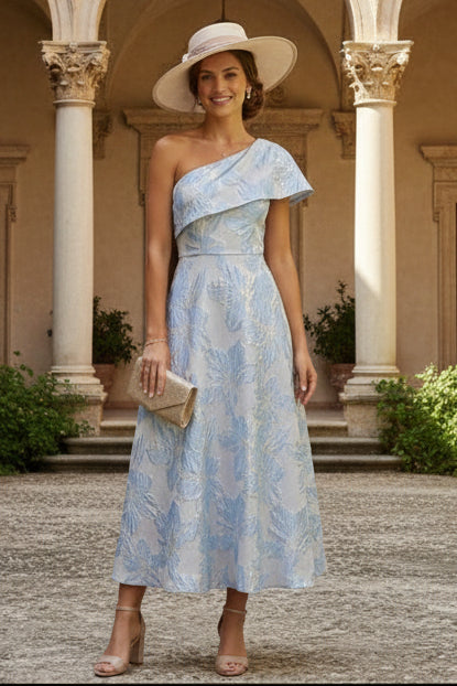 Asymmetrical-Neck Sleeveless Ankle-Length Jacquard Satin A-Line Mother of the Bride Dress
