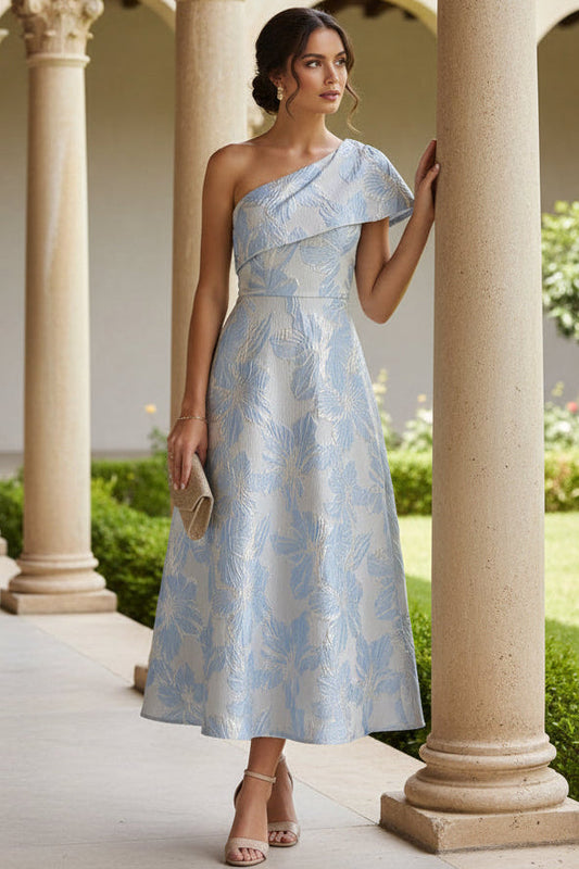 Asymmetrical-Neck Sleeveless Ankle-Length Jacquard Satin Mother of the Bride Dress