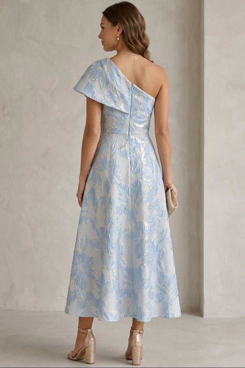 Asymmetrical-Neck Sleeveless Ankle-Length Jacquard Satin Mother of the Bride Dress