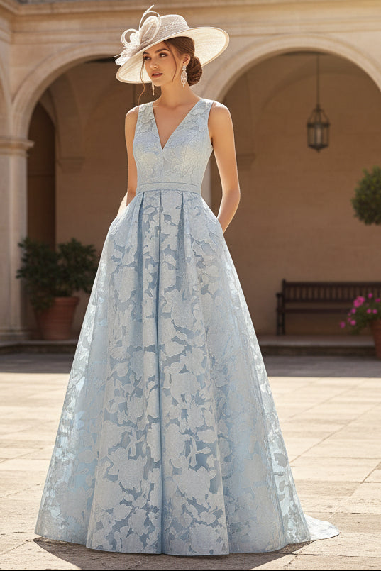 A-Line V-Neck Lace Floral Evening Dresses