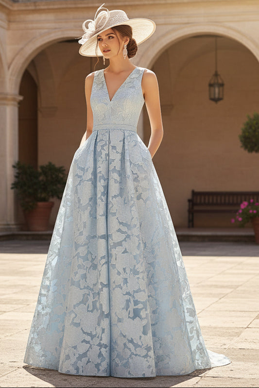 A-Line V-Neck Lace Floral Evening Dresses