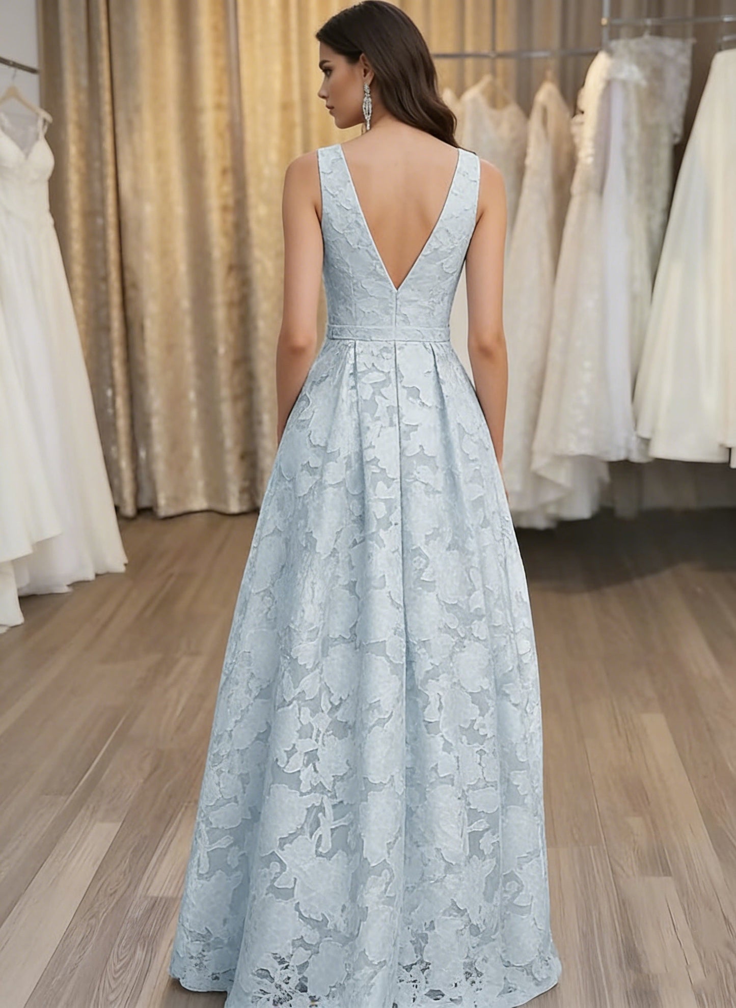 A-Line V-Neck Lace Floral Evening Dresses