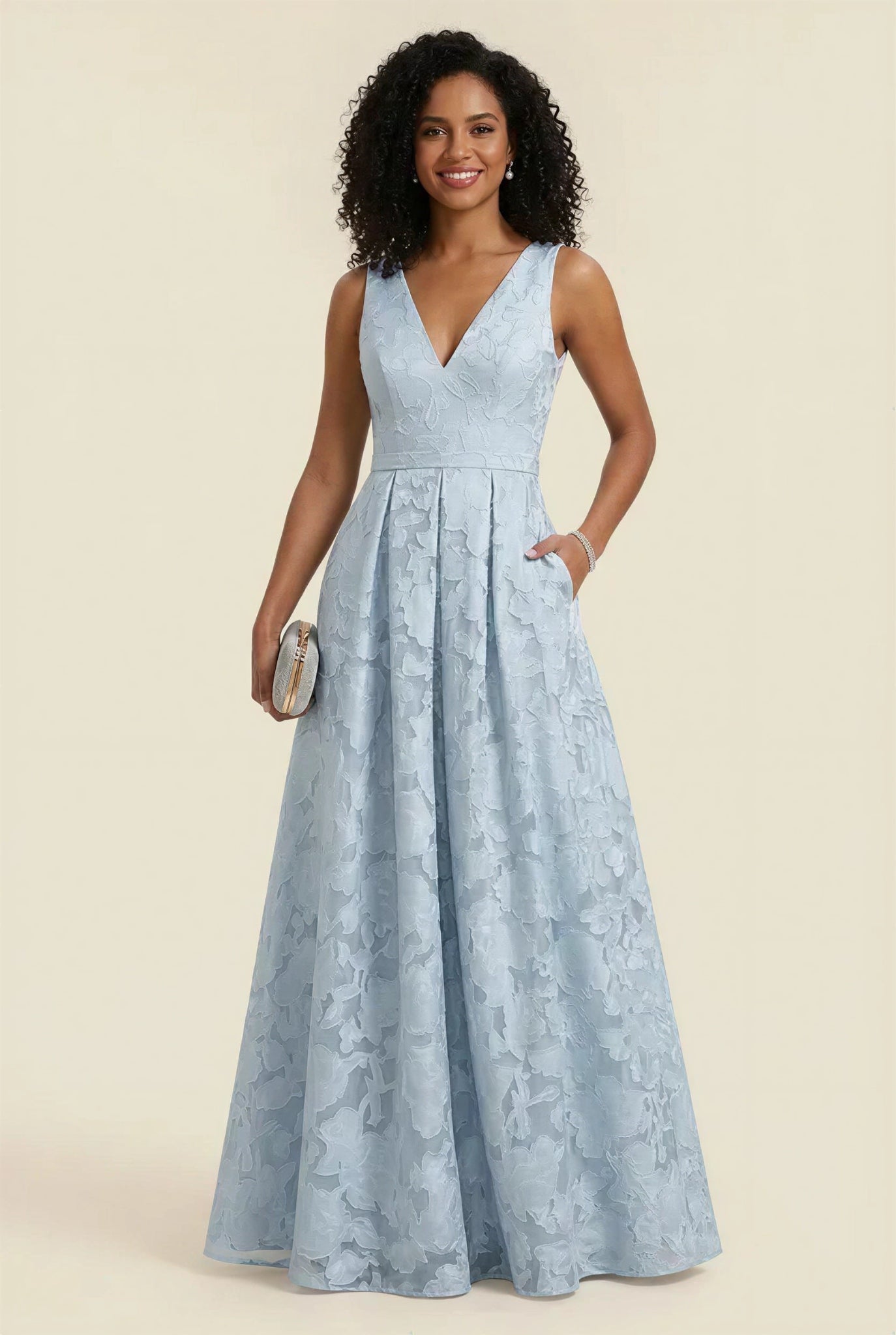 A-Line V-Neck Lace Floral Evening Dresses