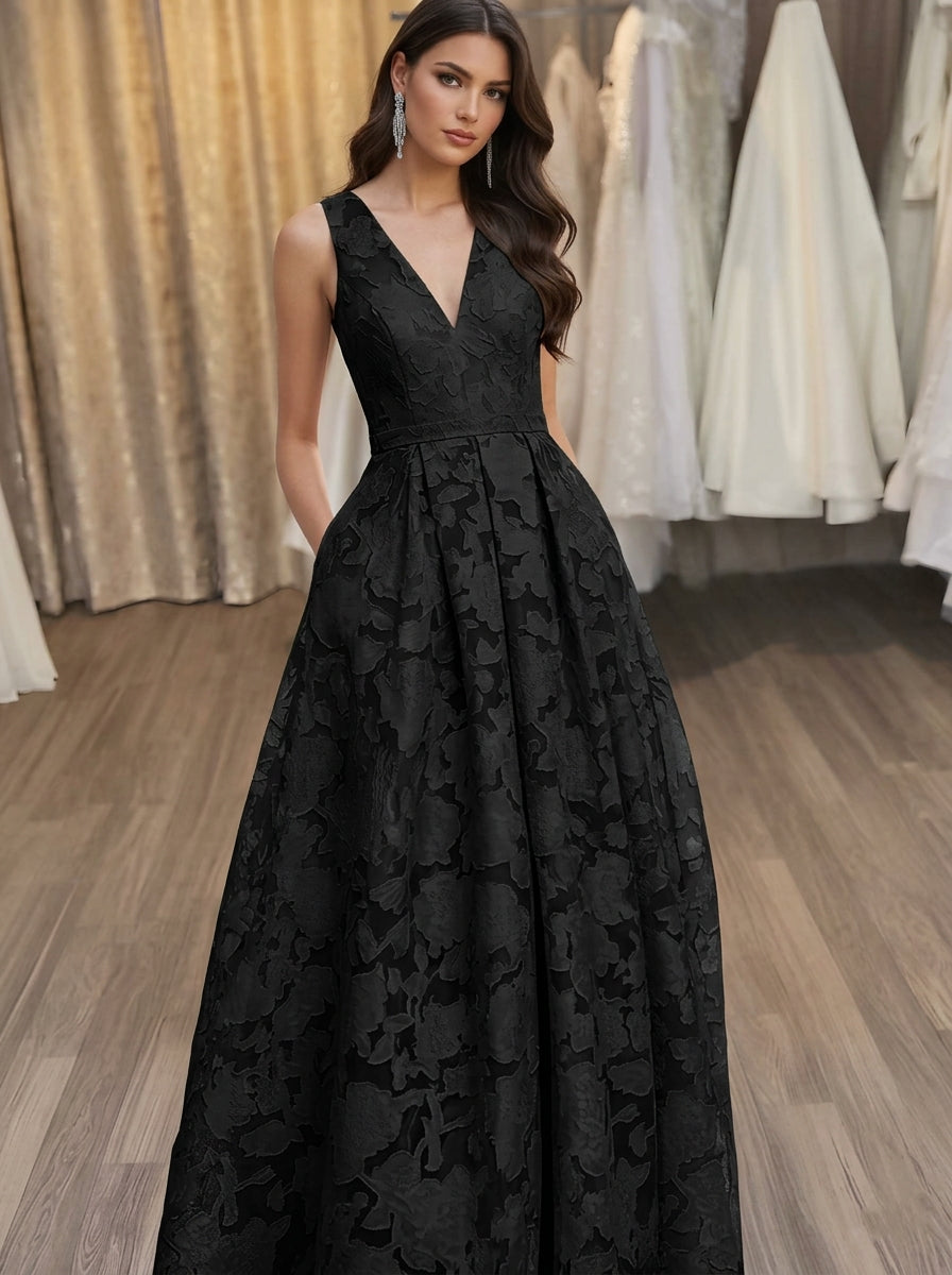 A-Line V-Neck Lace Floral Evening Dresses
