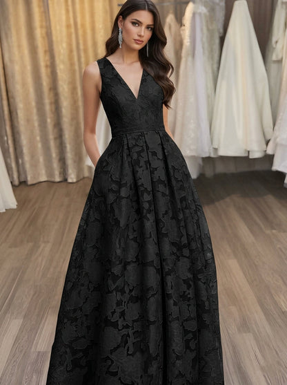 A-Line V-Neck Lace Floral Evening Dresses