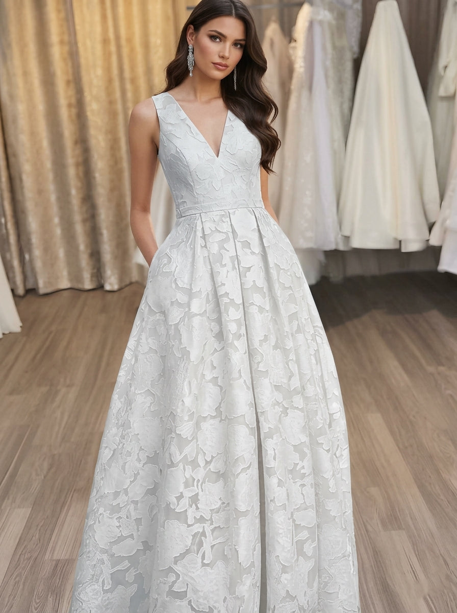 A-Line V-Neck Lace Floral Evening Dresses