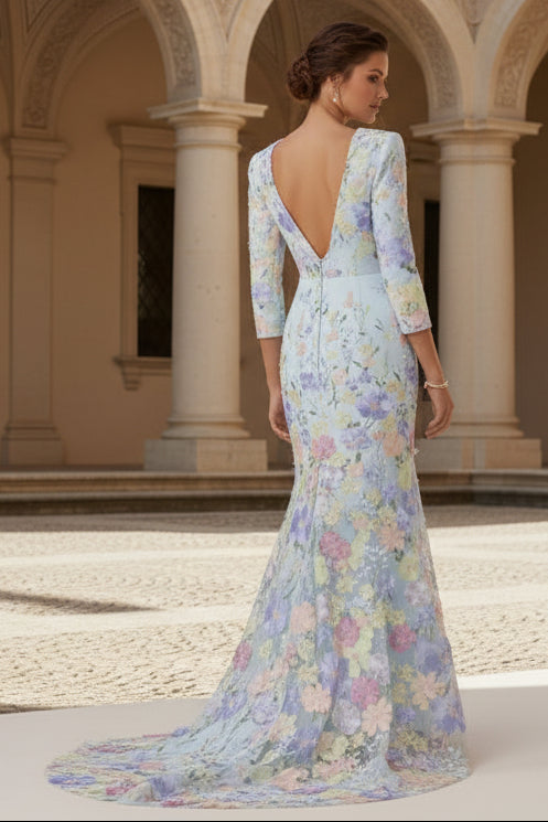 Mermaid V-Neck Lace Evening Dresses Floral Embroidery Dresses