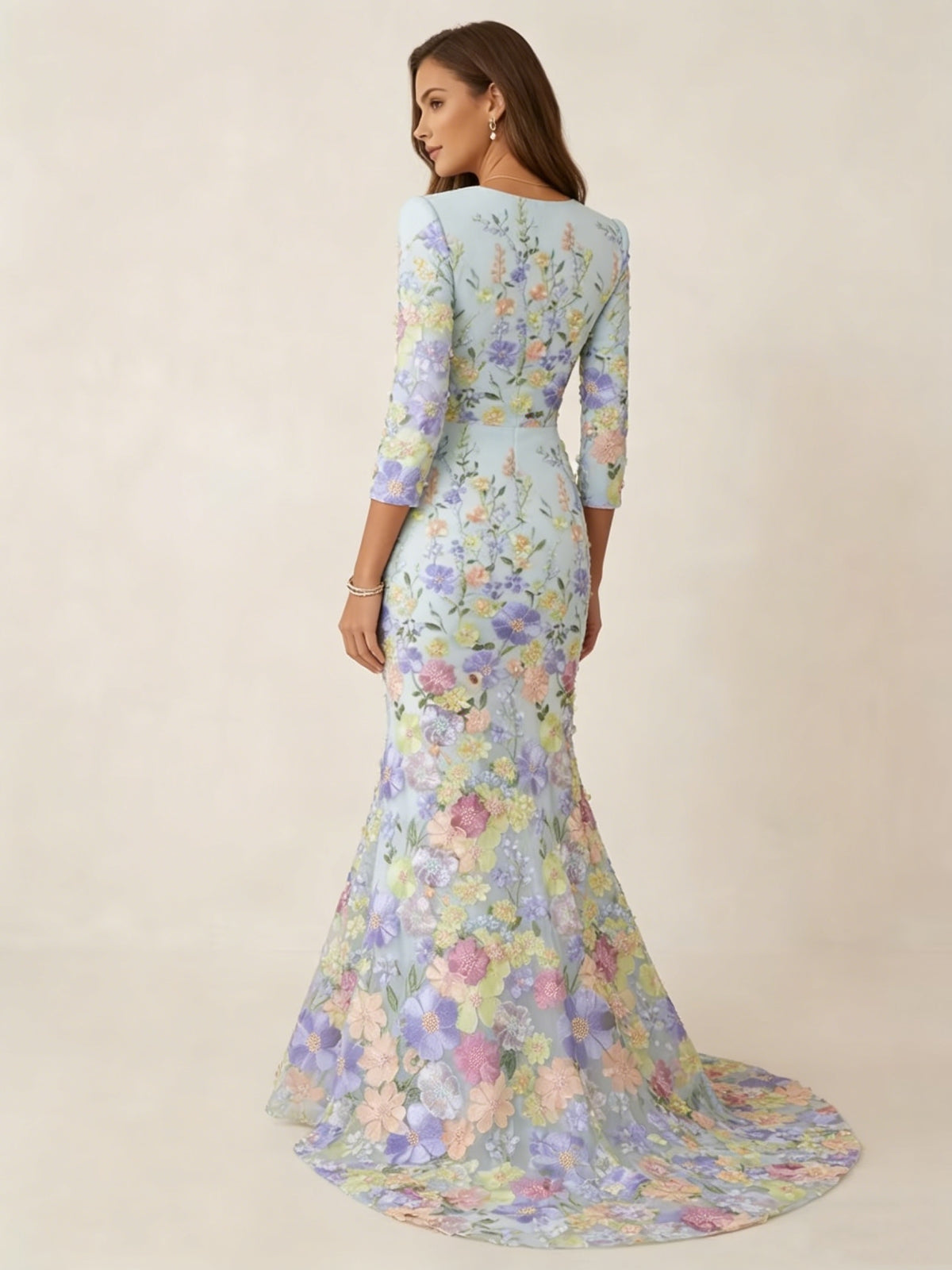 Mermaid V-Neck Lace Evening Dresses Floral Embroidery Dresses