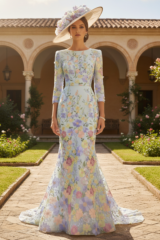 Mermaid V-Neck Lace Evening Dresses Floral Embroidery Dresses