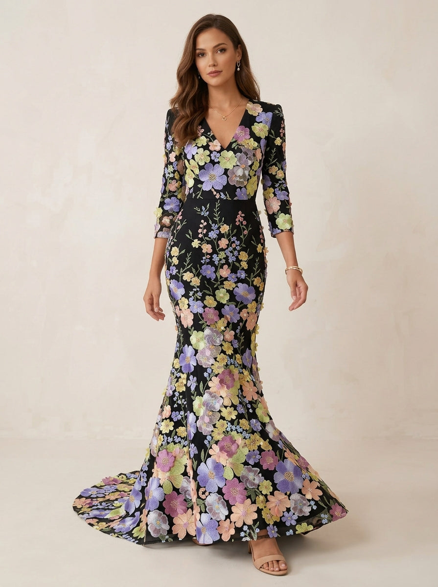 Mermaid V-Neck Lace Evening Dresses Floral Embroidery Dresses