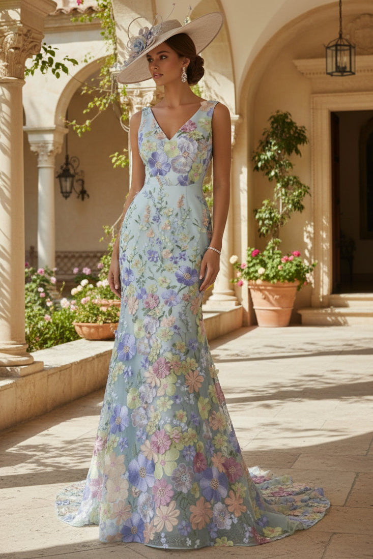 Floral Embroidery Floor-Length Sleeveless Party Dresses