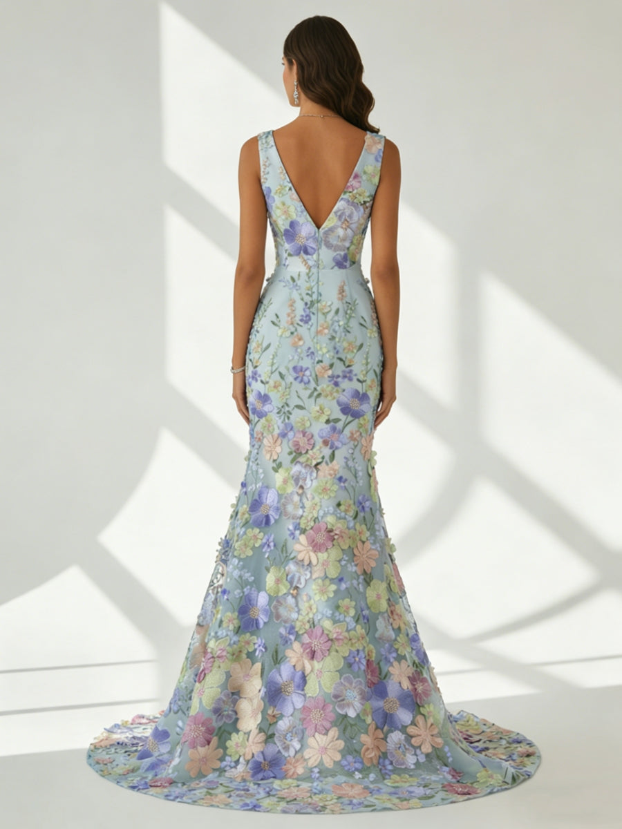 Floral Embroidery Floor-Length Sleeveless Party Dresses