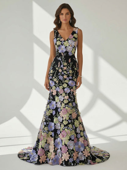Floral Embroidery Floor-Length Sleeveless Party Dresses
