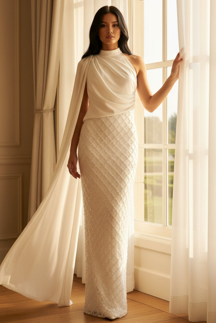 High Neck Cape Sleeves Beading Sequins Party Dresses