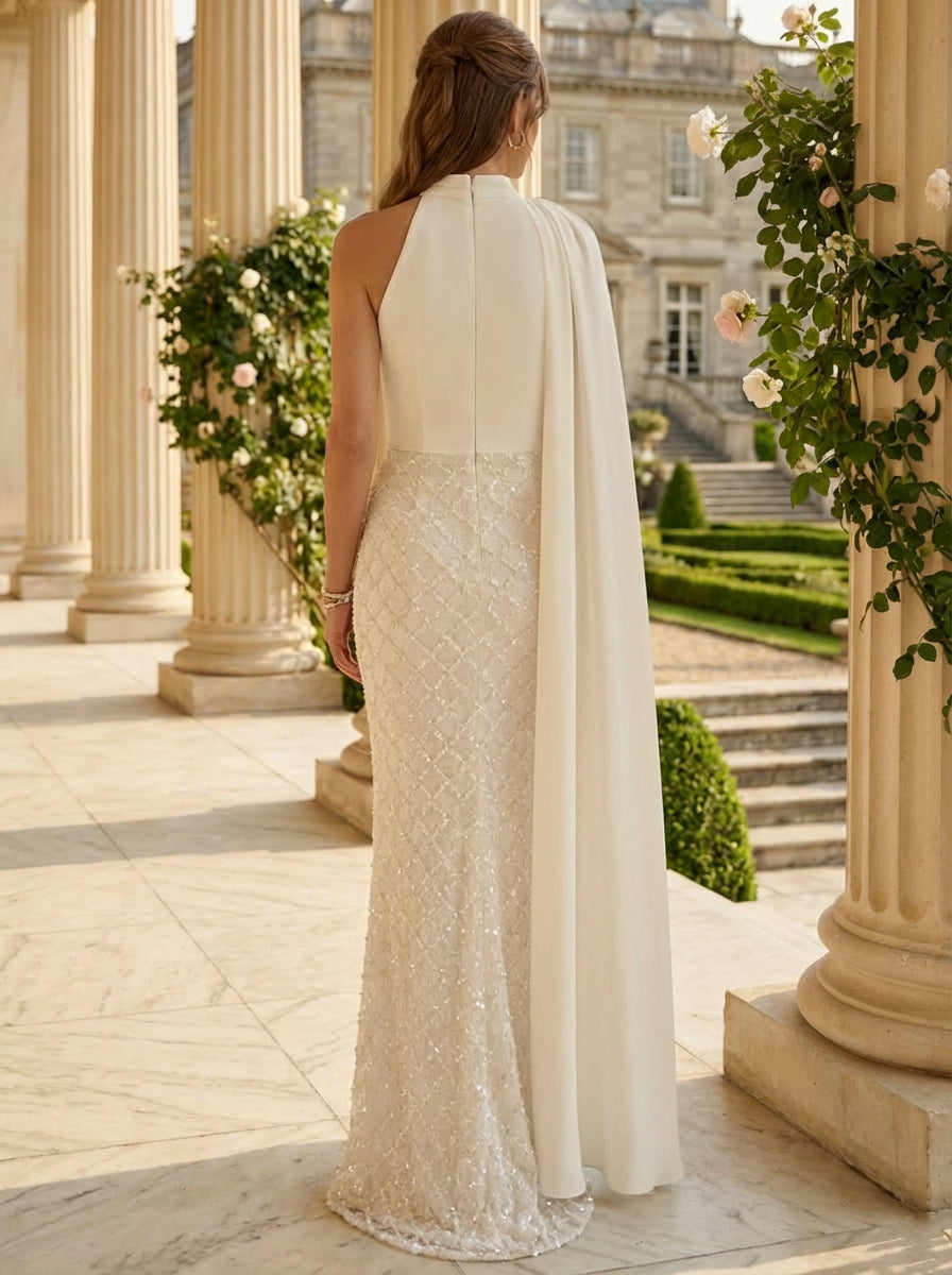 High Neck Cape Sleeves Beading Sequins Party Dresses
