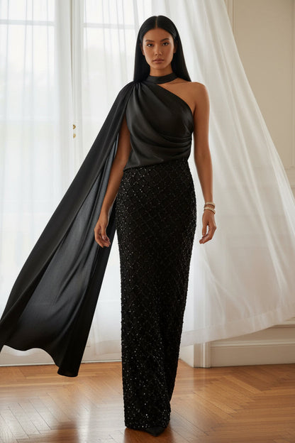High Neck Cape Sleeves Beading Sequins Party Dresses