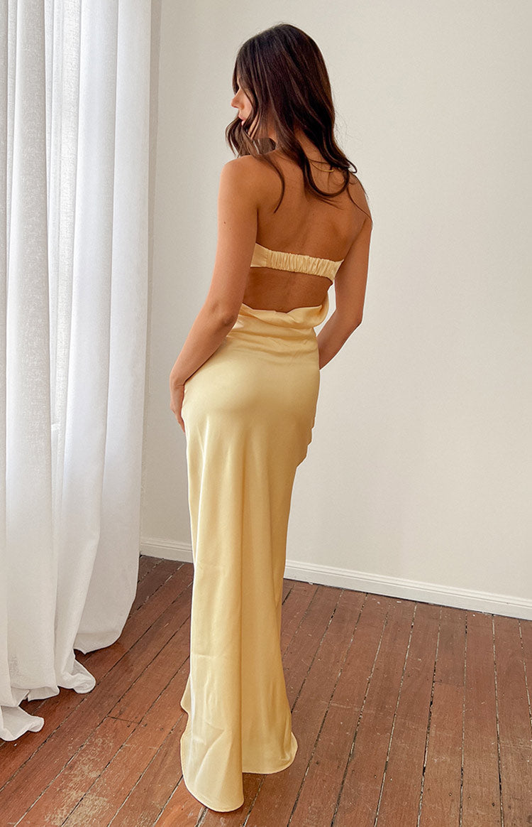 Straight Across Yellow Maxi Prom Dress