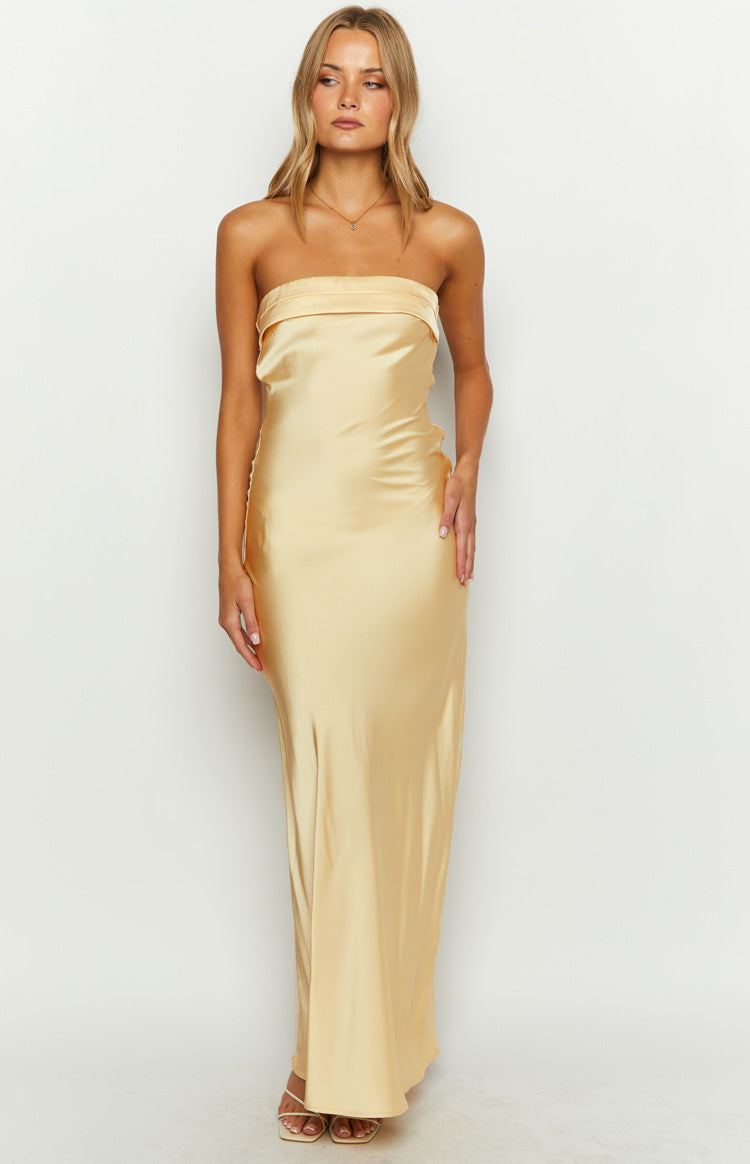 Straight Across Yellow Maxi Prom Dress