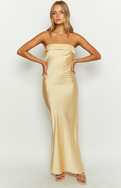 Straight Across Yellow Maxi Prom Dress