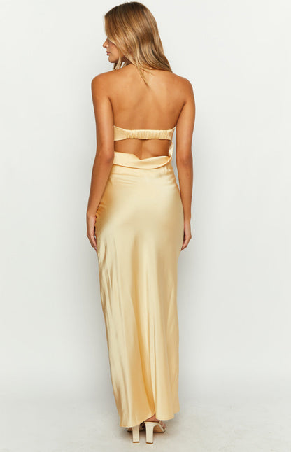 Straight Across Yellow Maxi Prom Dress