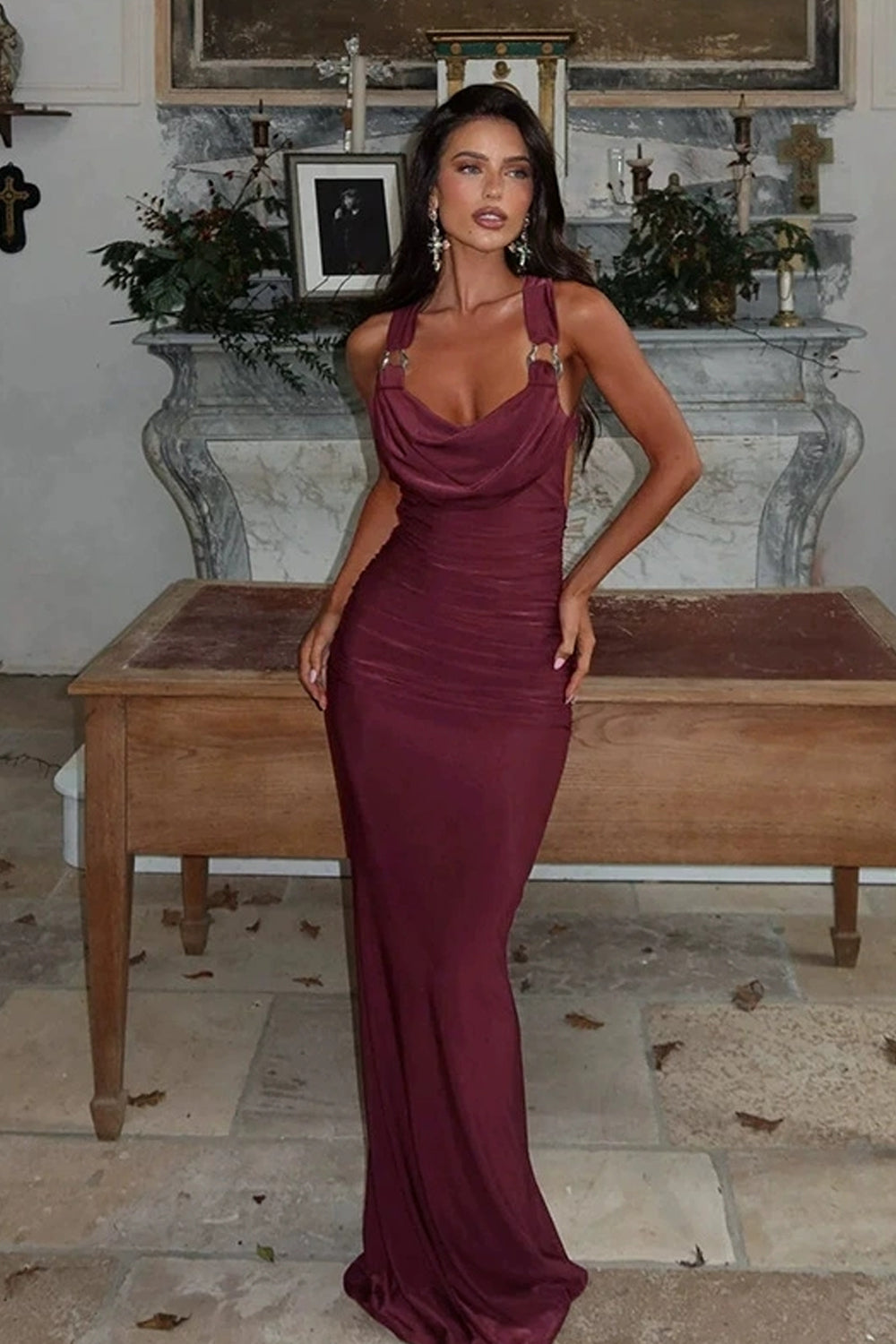 Maroon Jersey Cowl Neck Open Back Mermaid Sexy Evening Dress