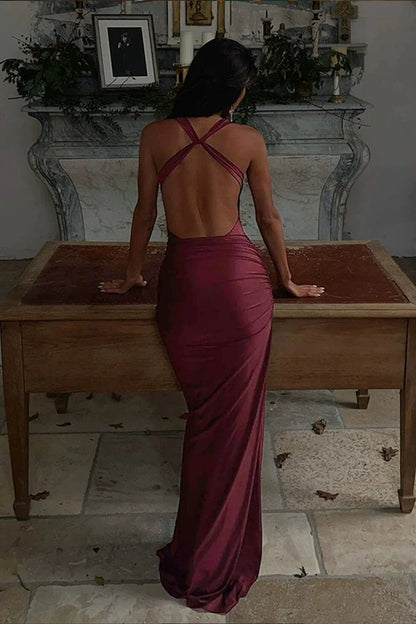 Maroon Jersey Cowl Neck Open Back Mermaid Sexy Evening Dress