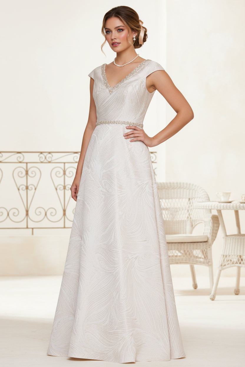 V Neck Cap Sleeves Beaded Floor Length Mother of the Bride Dress
